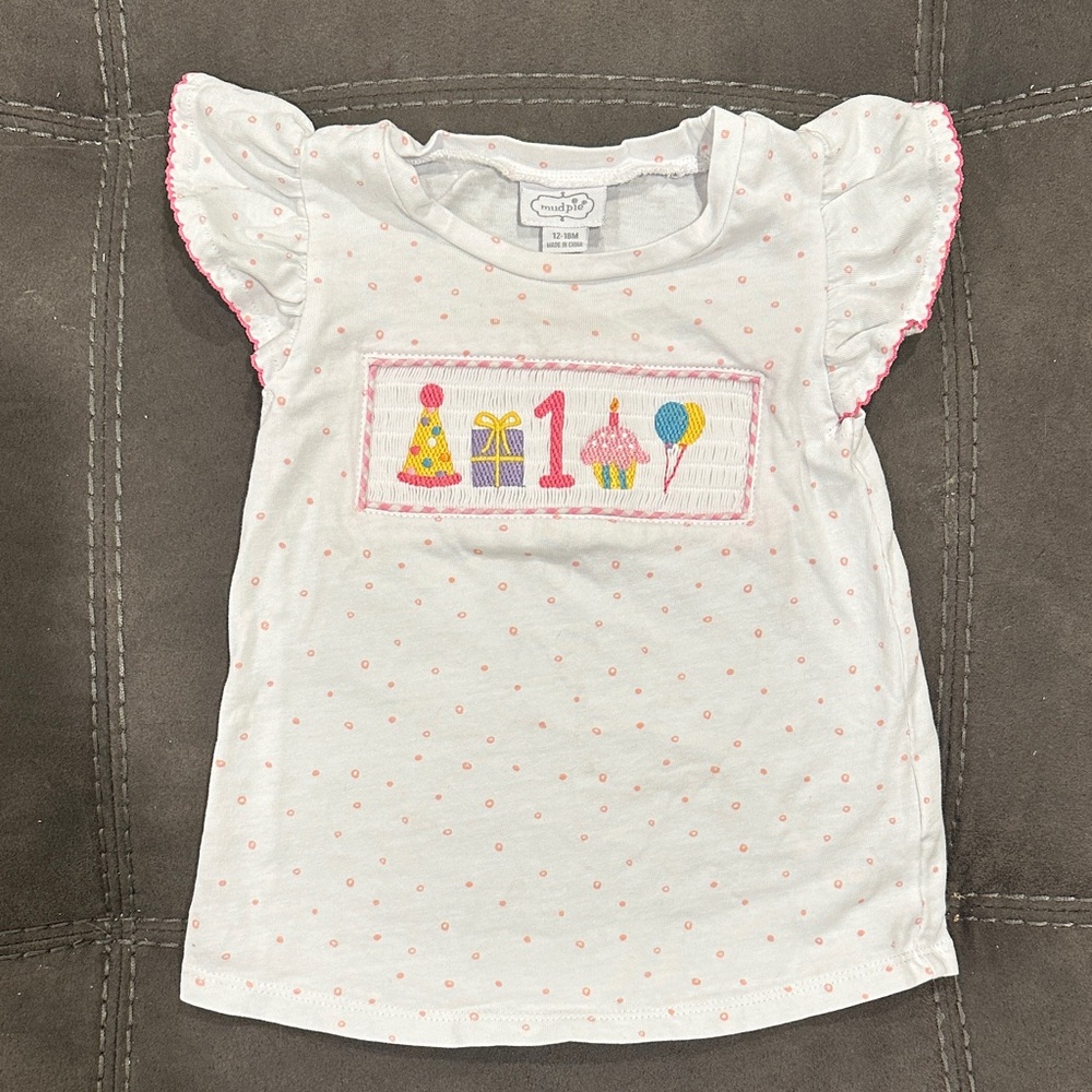 Mud Pie White and Pink 1st Birthday Smock Tee